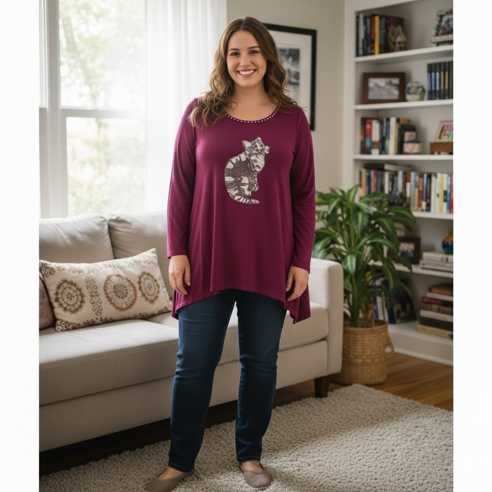 NWT Karen Brooks Rhinestone Neck Line Sequin Cat Berry Long Sleeve Top Size 3X